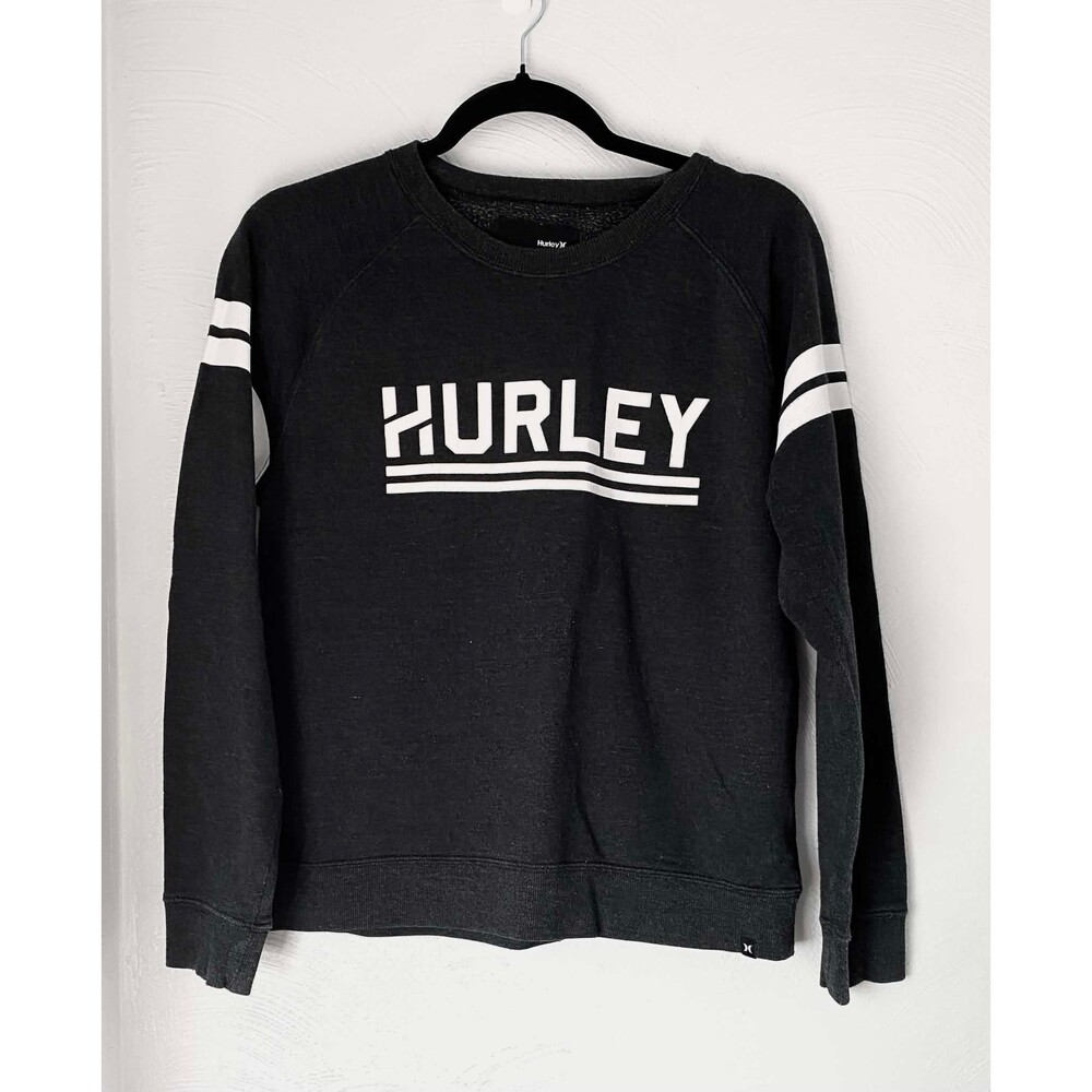 Hurley Women’s Small Black Crewneck Sweatshirt Graphic Striped Sleeve